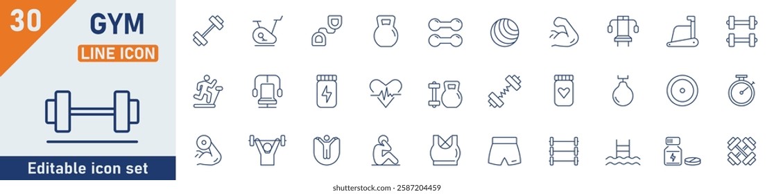 GYM line icon set. Set of 30 outline icons related to gym, exercise equipment, fitness, sports, lifting weights, barbells and others. Editable stroke. Vector illustration.