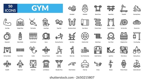 gym line icon set. Dumbbell, Kettlebell, Bench Press, Squat Rack, Treadmill, Running Shoes, Gym Bag
