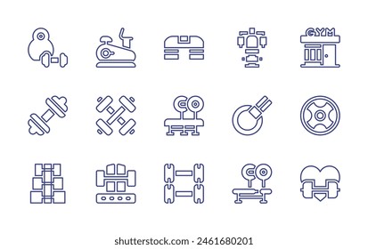 Gym line icon set. Editable stroke. Vector illustration. Containing gym, dumbbells, workout, bench, elliptical, dumbell, weightlifting, dumbbell, pullup, step, weight, barbell, multi.