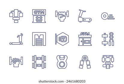 Gym line icon set. Editable stroke. Vector illustration. Containing dumbbell, gymstation, gym, kettlebell, handgrip, weightplates, treadmill, signboard, fitness.