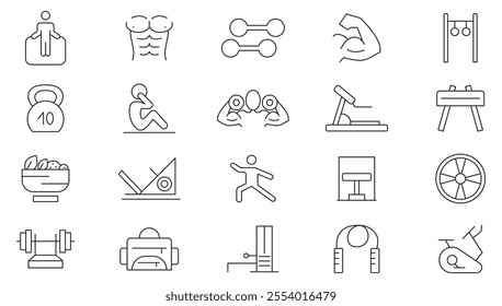 Gym line icon set. Fitness, yoga, mental health, hiking, trail running, functional training, weight, dumble, fruit, body, kg, healthy lifestyle, exercise, diet line icon set.