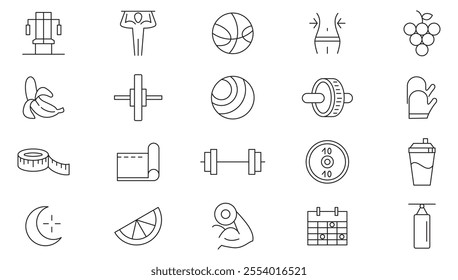 Gym line icon set. Fitness, yoga, mental health, hiking, trail running, functional training, weight, dumble, fruit, body, kg, healthy lifestyle, exercise, diet line icon set.