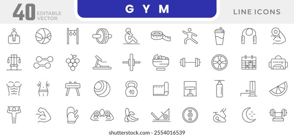 Gym line icon set. Fitness, yoga, mental health, hiking, trail running, functional training, weight, dumble, fruit, body, kg, healthy lifestyle, exercise, diet line icon set.