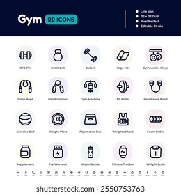 Gym Line Icon Set – Pixel Perfect Editable Stroke Vector Design