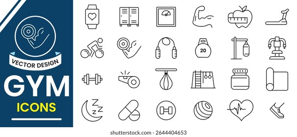 Gym line icons set collection. Fitness, Gym icon  vector set design. Collection of  gym, sports equipment, exercises, healthy lifestyle, training, workout, body building, yoga and workout icon.