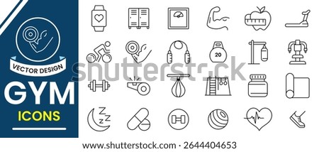 Gym line icons set collection. Fitness, Gym icon  vector set design. Collection of  gym, sports equipment, exercises, healthy lifestyle, training, workout, body building, yoga and workout icon.
