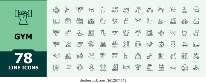 Gym linear icon collection. Featuring athletic, healthy, fit, equipment, fitness, training, sport. Minimalist icons collection. Exercise icon pack. Editable vector art and illustration.