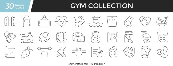GYM-Linearsymbole gesetzt. Sammlung von 30 Symbolen auf Schwarz