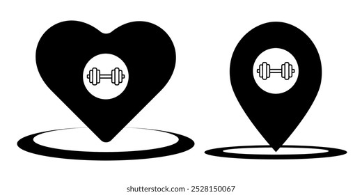 Gym location icon. Drop shadow map pointer silhouette symbol. Barbell in pinpoint. Vector isolated illustration