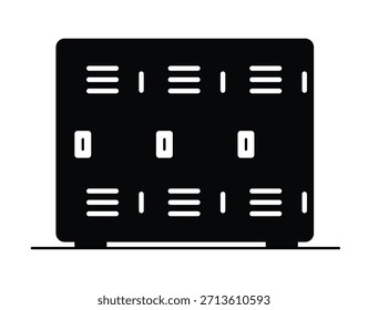 Gym Locker Icon School Storage Athlete Changing Room Stall Safety Safe Store Lock Doors Cubicle Lockerroom Black White Symbol Sign Vector Closet Cabinet.