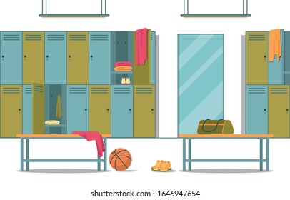 Gym Locker Room With All Modern Conveniences Necessary To Meet Schoolchildren Needs. High School Gymnasium. Fresh Dry Towels And Wet Used Ones, Basketball Ball And Sports Shoes And Bag On Bench.