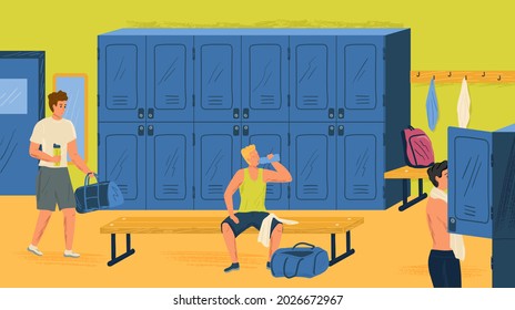 Gym locker room concept vector illustration. Man with sports bag in locker room changing his clothes. Fitness club interior