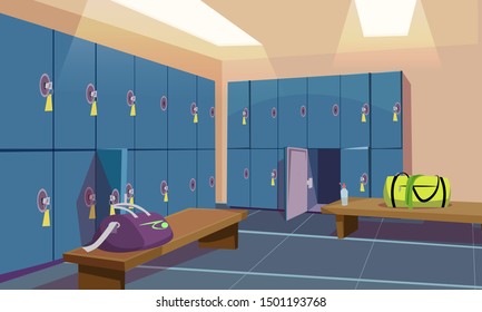 Gym locker room flat vector illustration. Sportsman bag with clothes in fitness club changing room. Cartoon wooden benches and blue metal closets. Sports cloakroom interior design with nobody inside