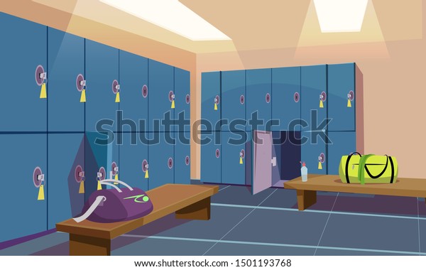 Gym locker room flat vector illustration.
Sportsman bag with clothes in fitness club changing room. Cartoon
wooden benches and blue metal closets. Sports cloakroom interior
design with nobody inside