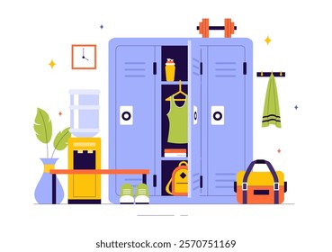 Gym Locker Room Vector Illustration Featuring Dressing Storage for Sports Teams with Fresh Dry Towels, Wardrobes, and Benches for Neat Uniform Changes