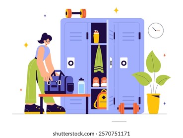 Gym Locker Room Vector Illustration Featuring Dressing Storage for Sports Teams with Fresh Dry Towels, Wardrobes, and Benches for Neat Uniform Changes