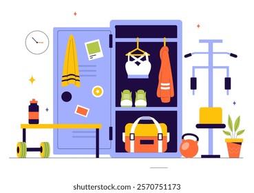 Gym Locker Room Vector Illustration Featuring Dressing Storage for Sports Teams with Fresh Dry Towels, Wardrobes, and Benches for Neat Uniform Changes