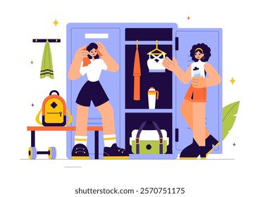 Gym Locker Room Vector Illustration Featuring Dressing Storage for Sports Teams with Fresh Dry Towels, Wardrobes, and Benches for Neat Uniform Changes