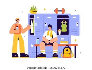 Gym Locker Room Vector Illustration Featuring Dressing Storage for Sports Teams with Fresh Dry Towels, Wardrobes, and Benches for Neat Uniform Changes