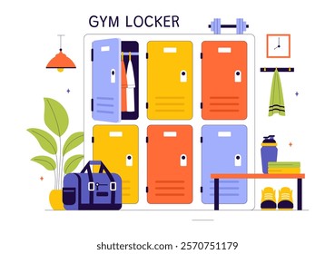 Gym Locker Room Vector Illustration Featuring Dressing Storage for Sports Teams with Fresh Dry Towels, Wardrobes, and Benches for Neat Uniform Changes