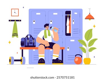 Gym Locker Room Vector Illustration Featuring Dressing Storage for Sports Teams with Fresh Dry Towels, Wardrobes, and Benches for Neat Uniform Changes