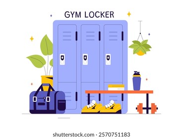 Gym Locker Room Vector Illustration Featuring Dressing Storage for Sports Teams with Fresh Dry Towels, Wardrobes, and Benches for Neat Uniform Changes