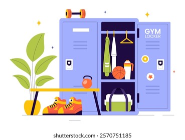 Gym Locker Room Vector Illustration Featuring Dressing Storage for Sports Teams with Fresh Dry Towels, Wardrobes, and Benches for Neat Uniform Changes