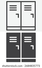 Armários de ginásio conjunto de ícone de estilo diferente. Versão de linha e glifo, contorno e ícone de vetor de traçado sólido editável. Ilustração do sinal do equipamento de armazenamento da aptidão.