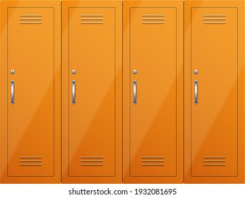 Gym lockers in orange color with handles and key lock. Orange Metal locker cabinets for gym and locker rooms in college. Vector Illustration isolated on white background.
