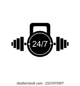 Gym logo with 24 hours anytime clock. Kettlebell and barbell. Isolated vector illustration on white background.