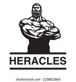 gym logo, beardy huge bodybuilder posing with big muscles, Heracles, vector image