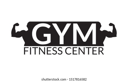 Gym logo with body builder silhouette. Sport and fitness center symbol. Vector illustration.