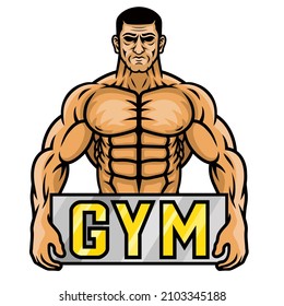 Gym logo, bodybuilder holds a gym sign