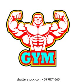 Gym Logo Design. Bodybuilding, Fitness, Powerlifting Club Vector Label. Red Outline, Blue Text. EPS 10