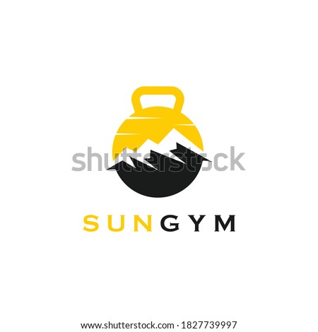 Gym logo design idea with kettle bell and peak symbol in negative space. Fitness and bodybuilding club logo template. Sport and recreation theme. 