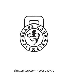 gym logo design with rubber kettle bell and thunderstorm vector template