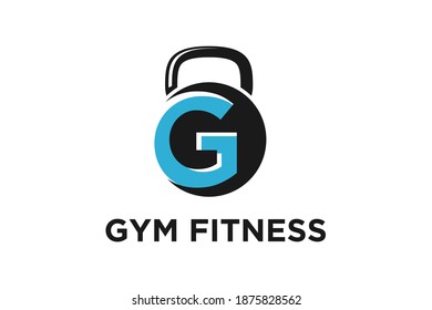 Gym logo with kettlebell icon, fitness health equipment. 