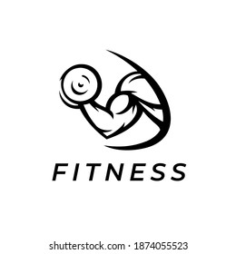 Gym Logo. Power Fitness Icon. Bodybuilding Bicep Muscle Strength Symbol. Dumbbell Curl Sign. Vector Illustration.