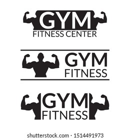 Gym Logo Set With Body Builder Silhouette. Sport And Fitness Center Symbol. Vector Illustration.