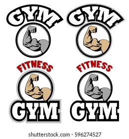 Gym Logo Set Design. Four Round Symbols. Strong Big Biceps In Circle. Fitness And Gym Text. Vector EPS 10.
