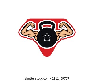 Gym logo template with the image of a muscular arm and kettlebell