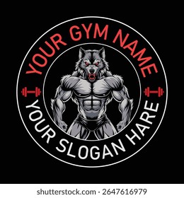 Modelo de logotipo de ginástica com mascote de lobo muscular - Design de marca de fitness personalizado para clubes de ginástica e esportes