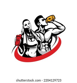 Gym logo template symbol icon, man drinking protein supplements of fitness character vector logo template.