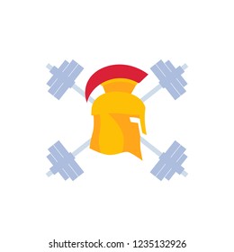 Gym logo, vector emblem with spartan helmet and barbells
