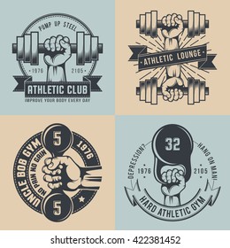 Gym logo in vintage style. Hand with dumbbell, with kettle bell - hard athletic logos. Workout emblem.