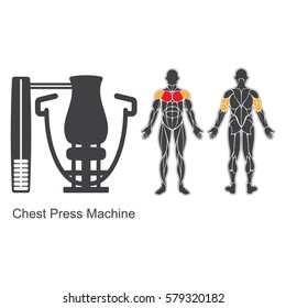 Gym machine and human muscles silhouettes isolated on white background