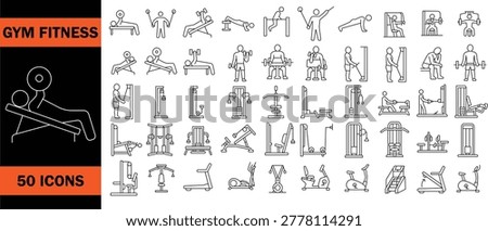 Gym machine outline vector icons sheet, fitness equipment, strength workout and training line set