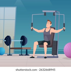 Gym. Man does exercises on his pectoral muscles and using sports simulator
