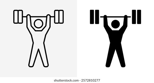 Gym man lifting weights icon. Bodybuilder stick figure with barbell vector illustration. Strong person symbol. Fitness training sign. Athlete weight lifter pictogram. Gym man silhouette isolated.