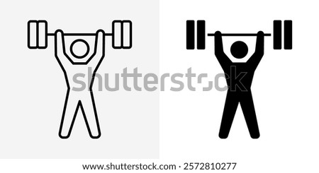Gym man lifting weights icon. Bodybuilder stick figure with barbell vector illustration. Strong person symbol. Fitness training sign. Athlete weight lifter pictogram. Gym man silhouette isolated.